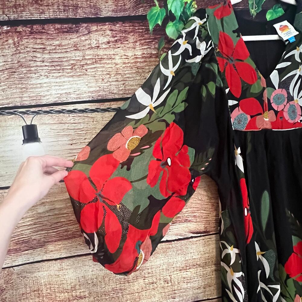 Farm Rio x Anthropologie Long Sleeve V Neck Floral Maxi Dress Balloon Sleeve S - Picture 8 of 11